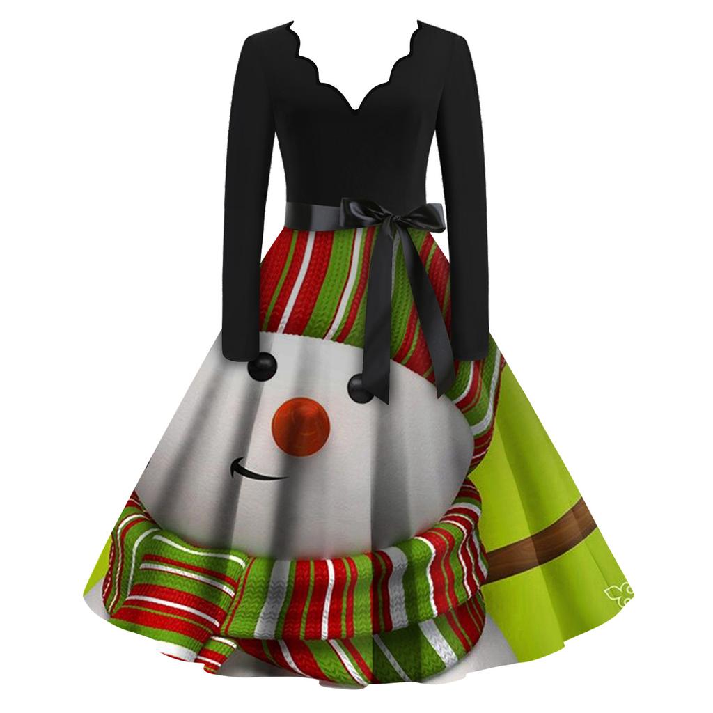 Женские модные повседневные тонкие рождественские платья с длинным рукавом с v-образным вырезом и принтом