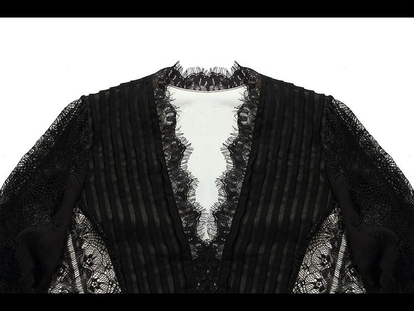 Элегантное вечернее платье с глубоким V-образным вырезом и длинными рукавами из черного кружева с вышивкой 2025 года