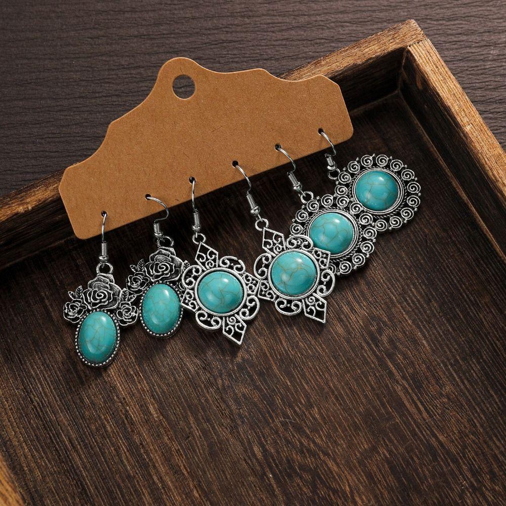 3 пары резных висячих серег серебристого цвета, серьги-капли, простой набор серег с бирюзой, для девушки