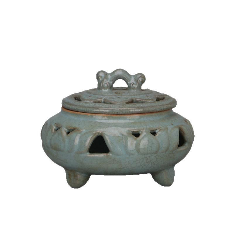 Song Dynasty Ru Kiln Style Celadon Crackle Ruyi Incense Burner with Three Legs and Openwork Design - Antique-Look Porcelain Collectible.