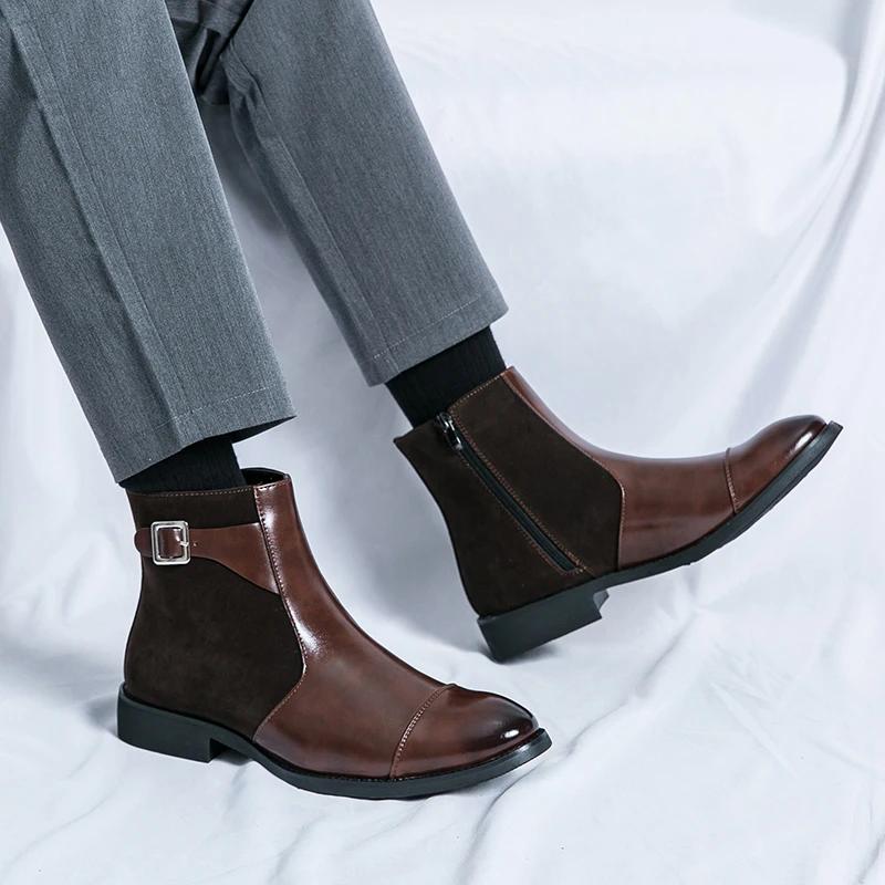 New Fashion Genuine Leather Chelsea Boots Handmade Man Pointed Dress Boots Slip On Mens Casual Shoes Side Zipper Men Ankle Boots