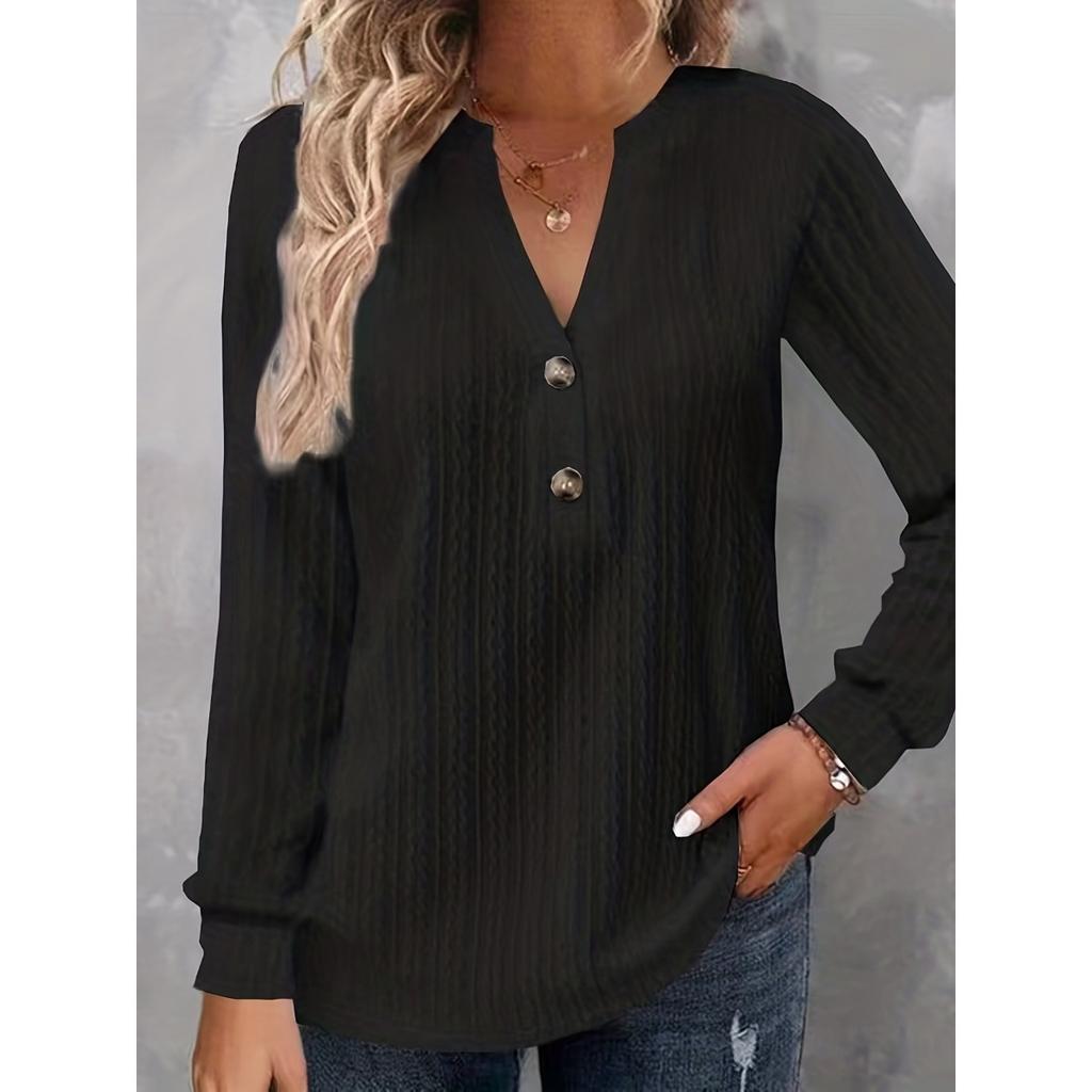 Autumn and Winter Women's Long Sleeved Solid Color V-neck Button T-shirt Top