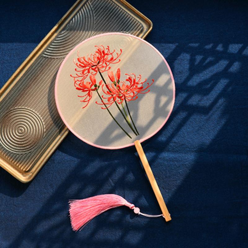 Circular Round Hand Fan, Chinese Traditional Art Embroidery, Classical, Ancient Costume, Han Fu Cheongsam with Long Handle