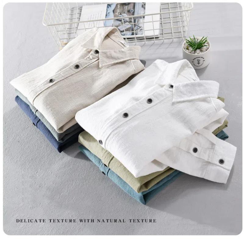 Long Sleeve Cotton Linen Man Shirts Summer Tops Classical Turn-down Collar Green Button Shirt Daily Men's Casual Shirt Beach Breathable Shirt