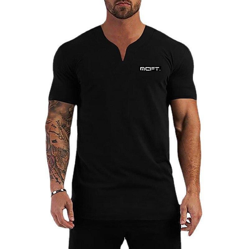 Muscleguys Мужские дышащие футболки для фитнеса и тренировок с короткими рукавами для занятий спортом на открытом воздухе с v-образным вырезом, уличная футболка с рисунком