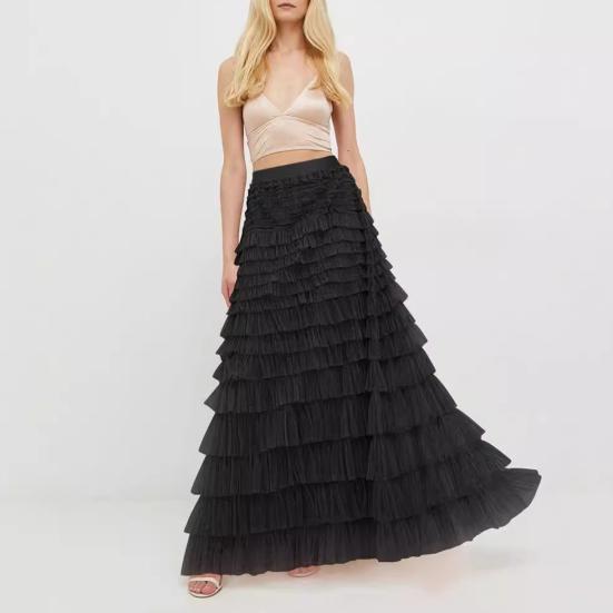 Women Cake Skirt Solid Color Mid-Waist Long Skirt with Elastic Waist Mesh