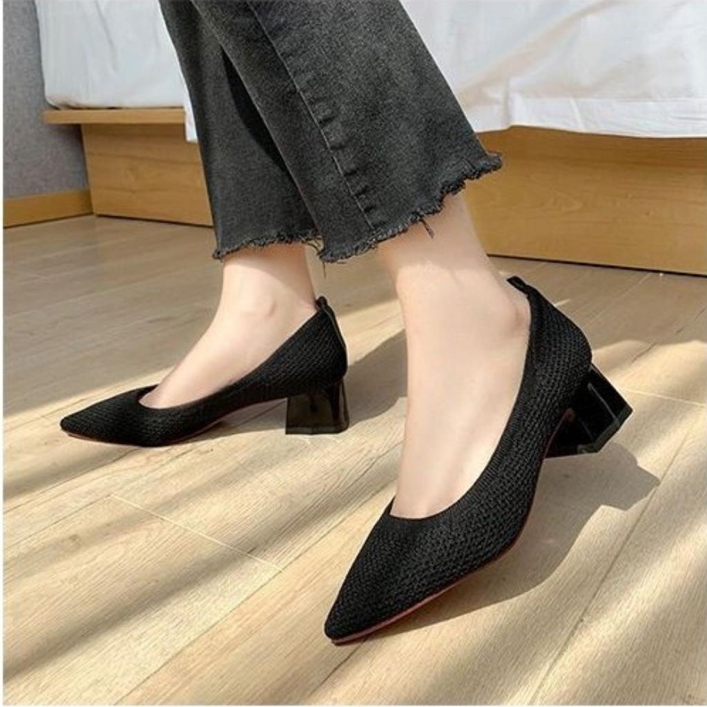 Pointed Grandma Shoes French Knitted Mesh Flying Knit Thick Heel High Heel Single Shoes Versatile Women's Shoes
