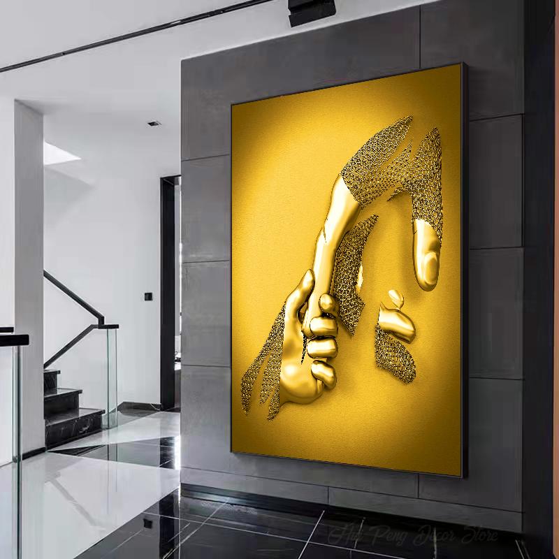 3D золотой эффект, обнимающая пара, металлическая настенная живопись, холст, принт, поцелуи, художественные постеры и принты для гостиной, домашний декор