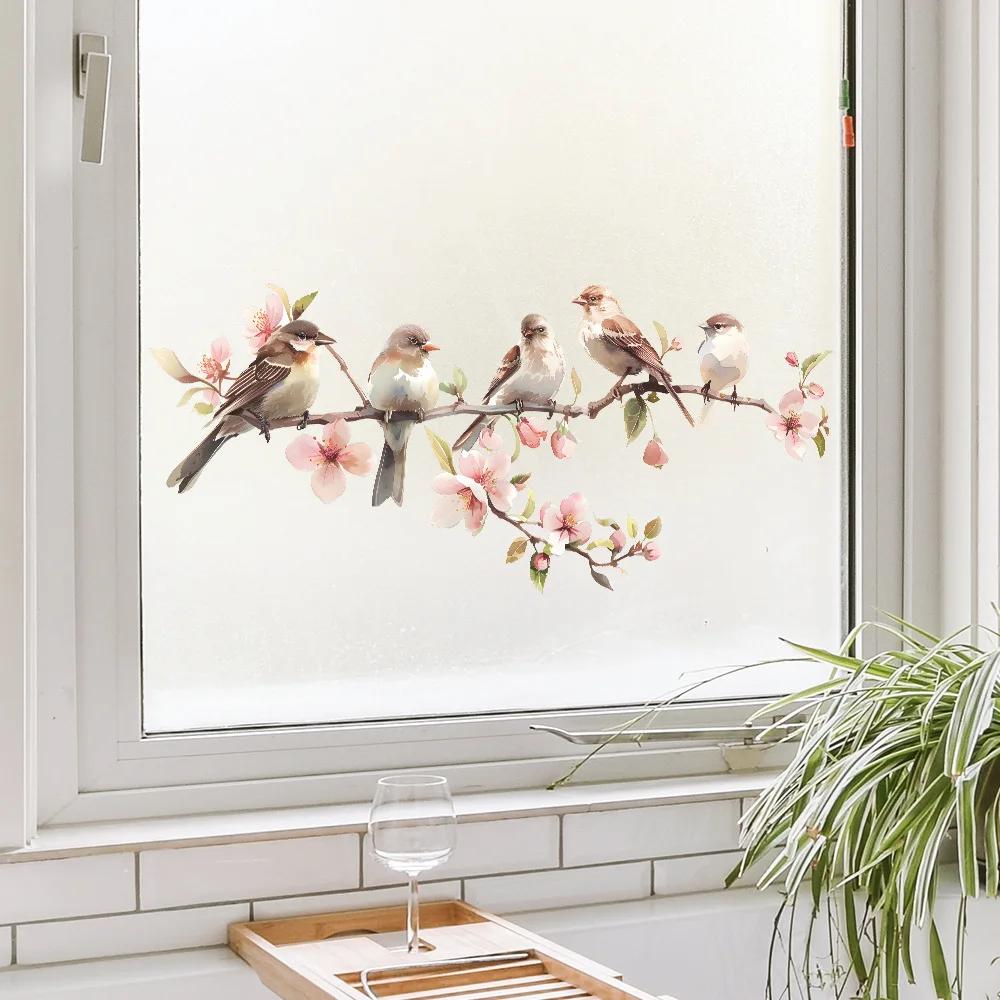 PVC Flower Window Clings Birds Tree Branch Glass Sticker Anti-Collision Decal For Bedroom Restroom Doors Decorative Films