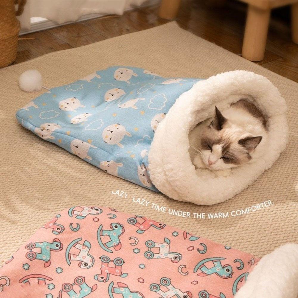 Cute Plush Cat Sleeping Bag Cartoon Pocket Type Cat Nest with Furry Ball Comfortable Winter Cat Bed Winter