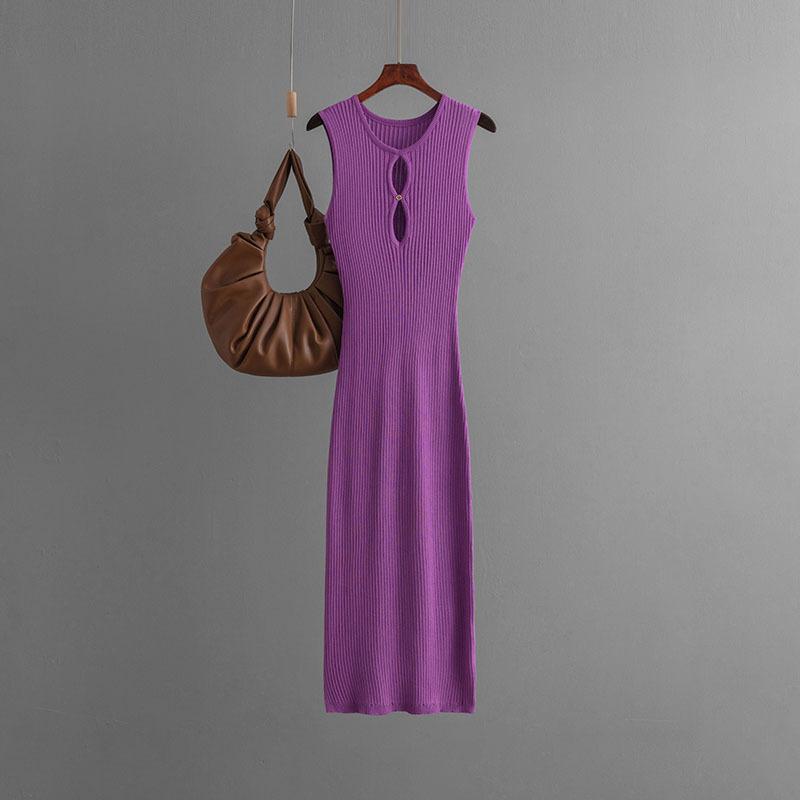 New Vintage Dress Senior Ice Silk Sleeveless Round Neck Slim Knit Mid-length Summer Sexy Base Dress