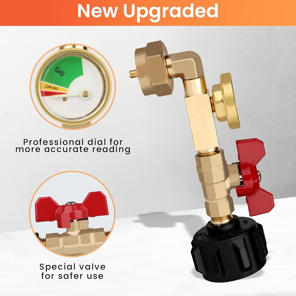 Простой в заправке переходник для заправки пропаном с клапаном и манометром - Подходит для 20-фунтовых баллонов, Подключается к 1-фунтовым одноразовым баллонам для барбекю и приготовления пищи на открытом воздухе