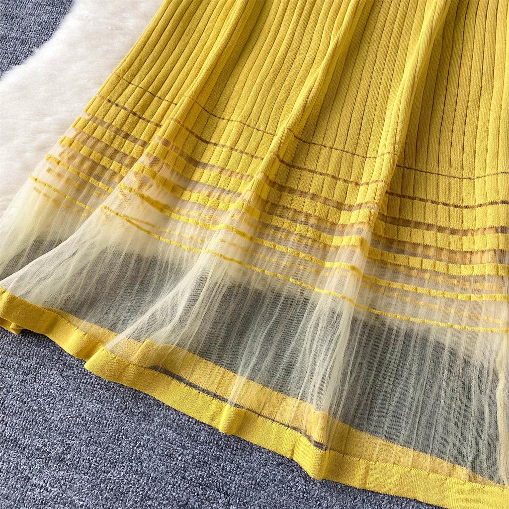 Летние женские милые короткие рукава вязаный свитер сетчатый пэчворк длинные миди пуловеры платья