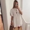 Summer Women Dress Lace-up Bow Decor Hollow Out O Neck Leopard Print Short Puff Sleeves Solid Color A-line Pleated Dating Party Mini Dress