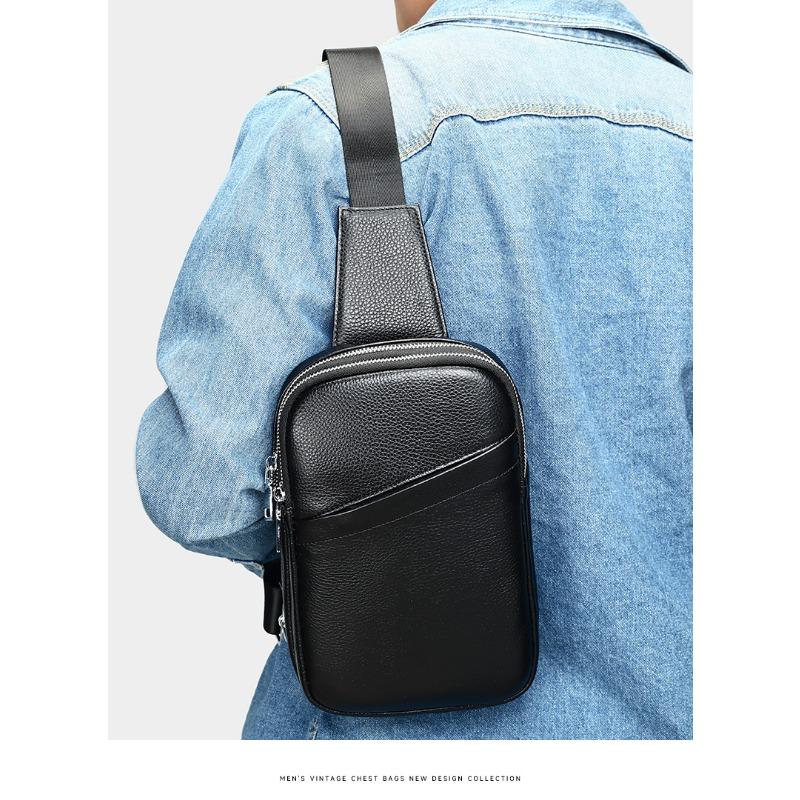 Genuine Leather Men's Chest Top Layer Cowhide Shoulder Crossbody Bag Men's Stylish Casual Sports Leather Small Body Bag