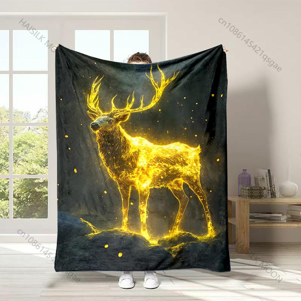 1PC Glowing deer stands on rocks Print Adult Children Warm Blankets Home Travel Car Soft Comfortable Suitable for all seasons