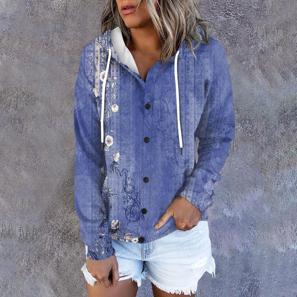 Women's Hoodie, Printed Long Sleeved Loose Hooded Sports Jacket