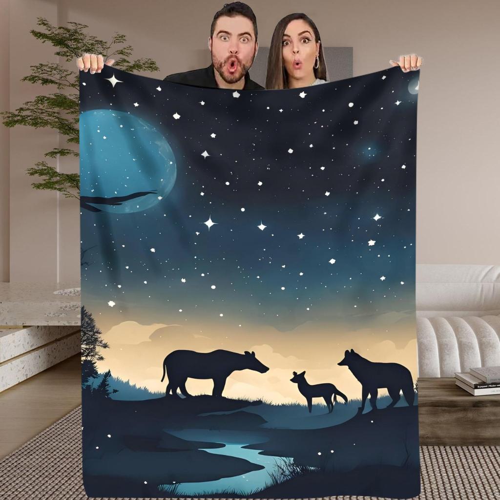 1pc Animals Under the Night Sky Digital Printed Design Blanket - Soft Flannel All-Season Throw with Moon, Stars & Silhouette