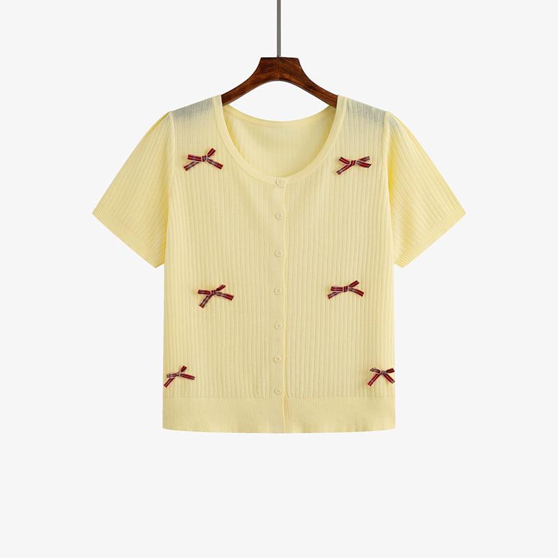 Женский кардиган с бантом большого размера, летний свободный вязаный свитер с короткими рукавами