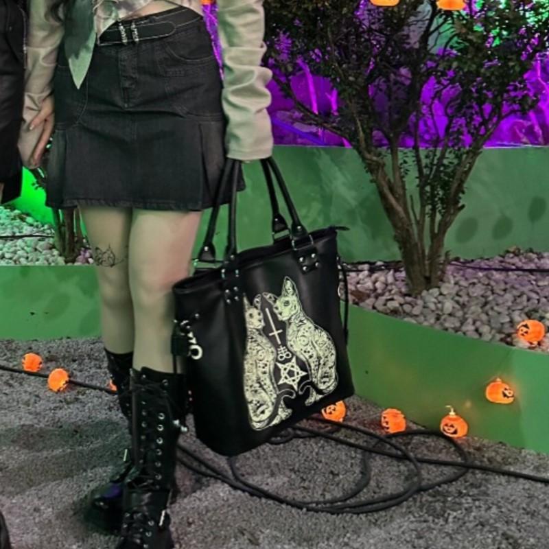 Большая вместительная черная сумка-тоут для женщин High Street Lolita Gothic Leather Handbag Женская панк-темная сумка на плечо
