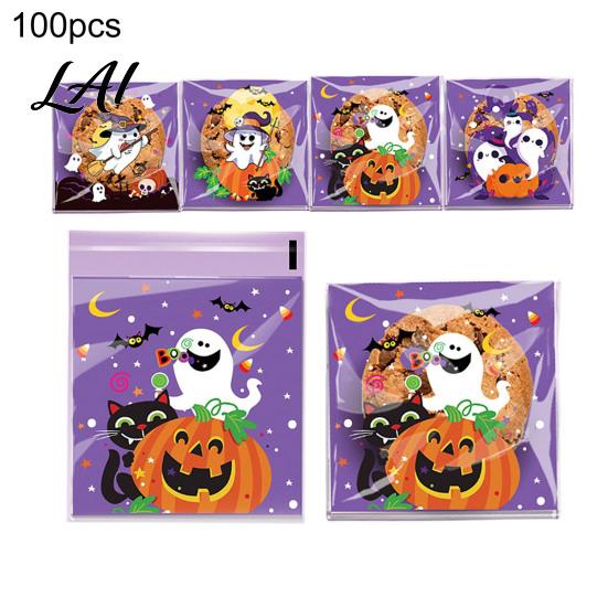 Self Adhesive Treat Bags 100 Pcs Small Halloween Bags Seal Clear Candy Dessert Snack Cookie Trick or Party Favors for Holiday Cute Cartoon Pouches