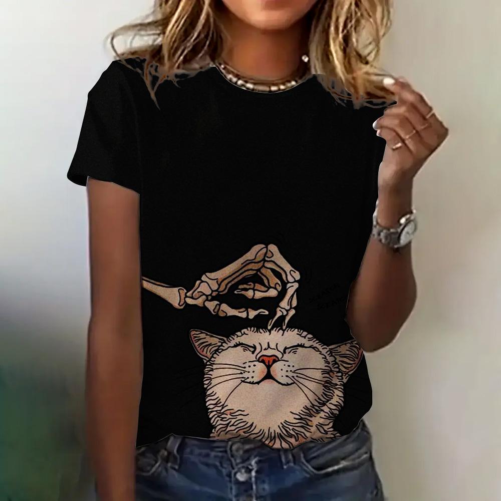 Женская футболка, летняя, с круглым вырезом, коротким рукавом, с рисунком кошки, топ, костюм на Хэллоуин, модная, свободная, с коротким рукавом, женская футболка 2024