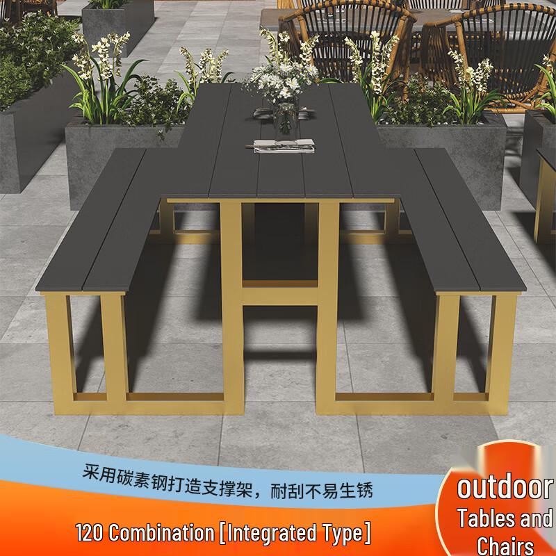 Outdoor Integrated Plastic Wood Table and Bench Set