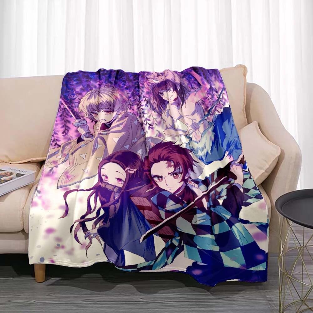 Demon Slayer Flannel Throw Blanket Anime Cartoon Smooth Soft Bedspread Warm Gamer Gift Living Room Sofa Home Bedroom Decor