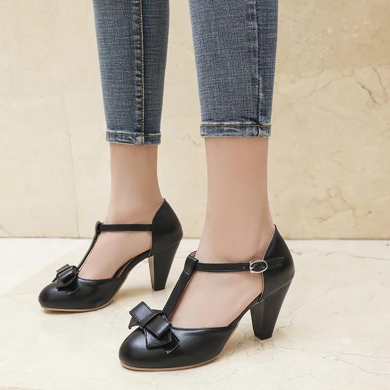 Летние женские босоножки с Т-образными ремешками, модные розово-зеленые туфли Лолиты на каблуке для девочек, милые офисные свадебные туфли с бантом, большой размер 44