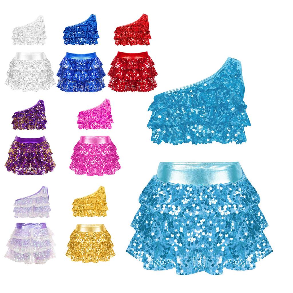 Kids Girls Sparkly Sequins Dance Outfits Sleeveless Tank Crop Top with Skirt Hip Hop Jazz Latin Stage Costume