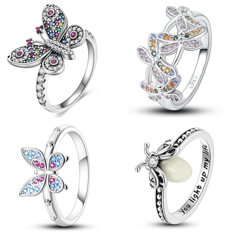 925 Silver Butterfly Dragonfly Insect Closed Ring For Women Valentine's Birthday Gifts DIY Wedding Jewelry Accessory
