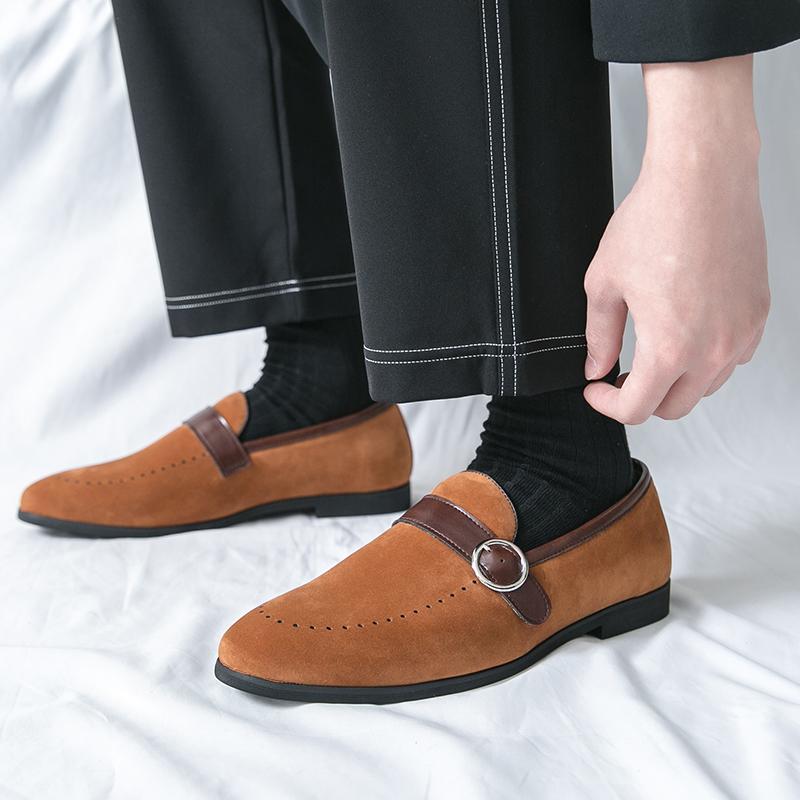 Fashion Trendy New Monk Strap Loafers New Men's Pointed Suede Leather Shoes Male Designer Formal Wedding Dress Homecoming Footwear