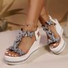 Plus Size Sandals Summer New Round Toe Open Toe Rhinestone Flowers Clear Platform Platform Wedge Non-Slip Pumps
