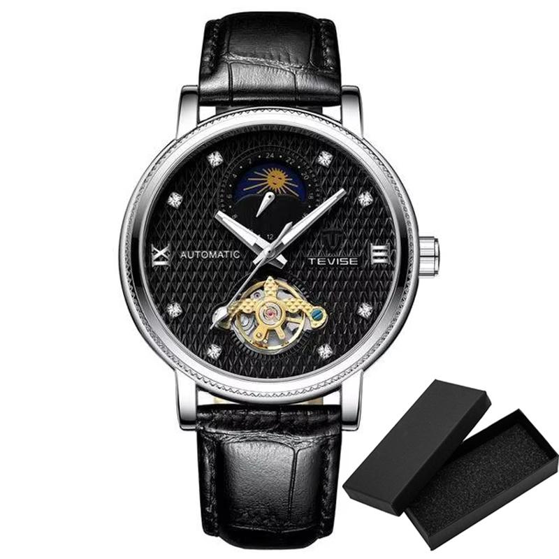 Top Brand Men Automatic Mechanical Time Moon Phase Display Luminous Hands Leather Waterproof Male Business Wrist Watches