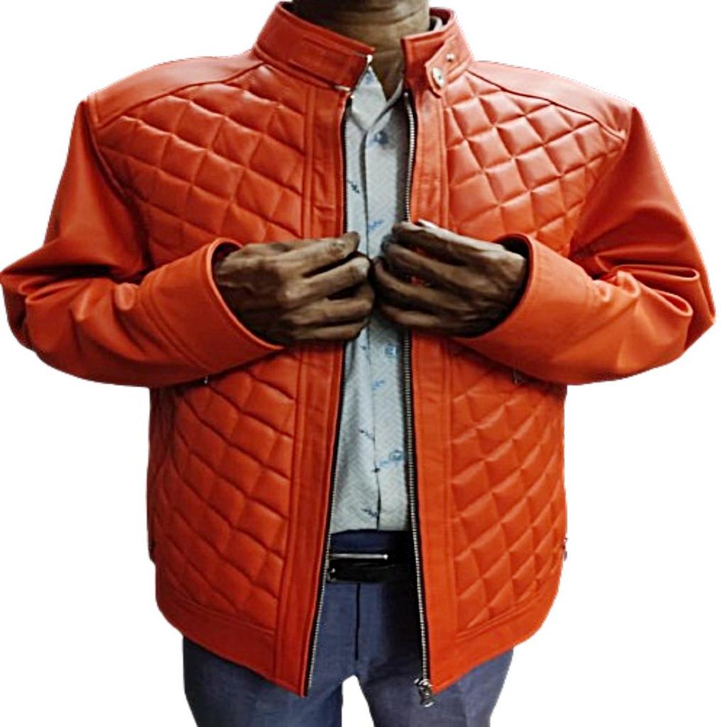 Мужская оранжевая натуральная кожа ягненка, байкерская куртка ручной работы, приталенный крой, мотоцикл, стеганый стиль, натуральная кожаная куртка, куртка CAFE Racer, подарок для него