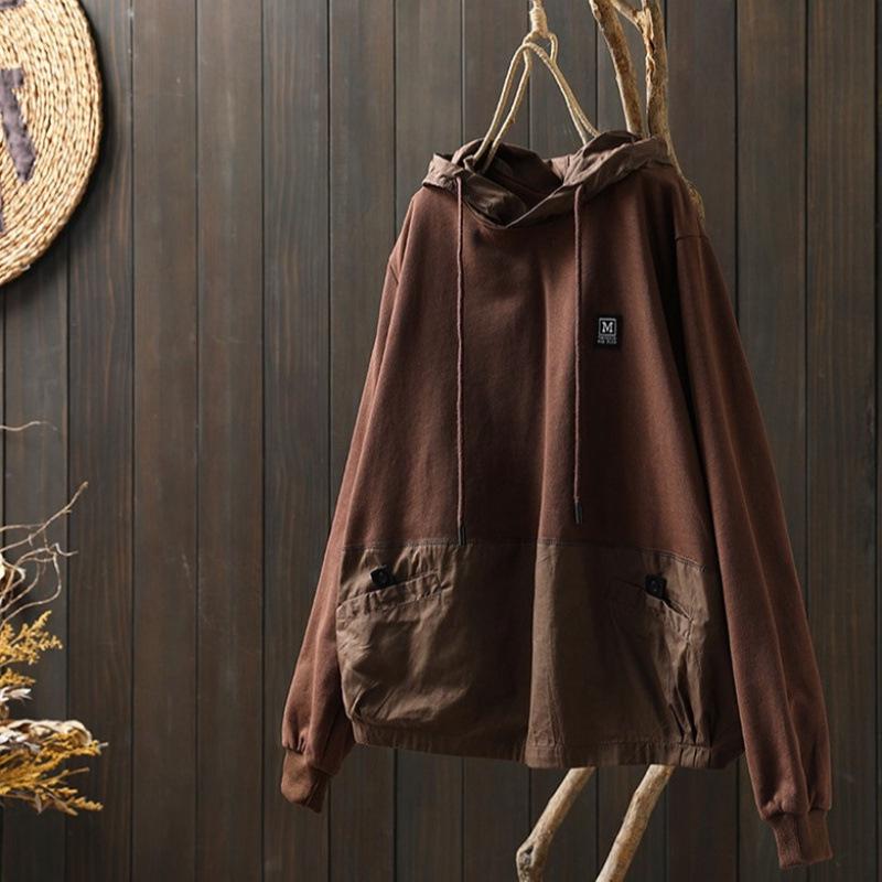 Women's Oversized Color Block Patchwork Hooded Sweatshirt with Double Pockets