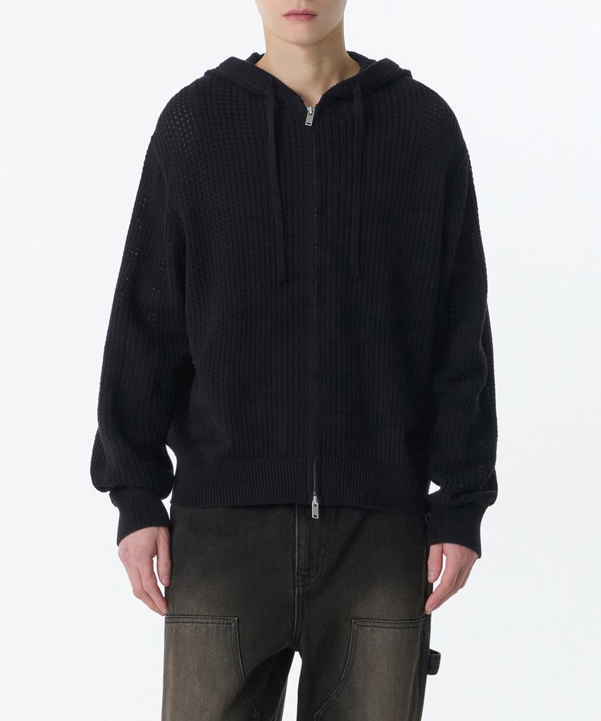 MUSINSA STANDARD Crochet Knit Hooded Zip-Up [Black]