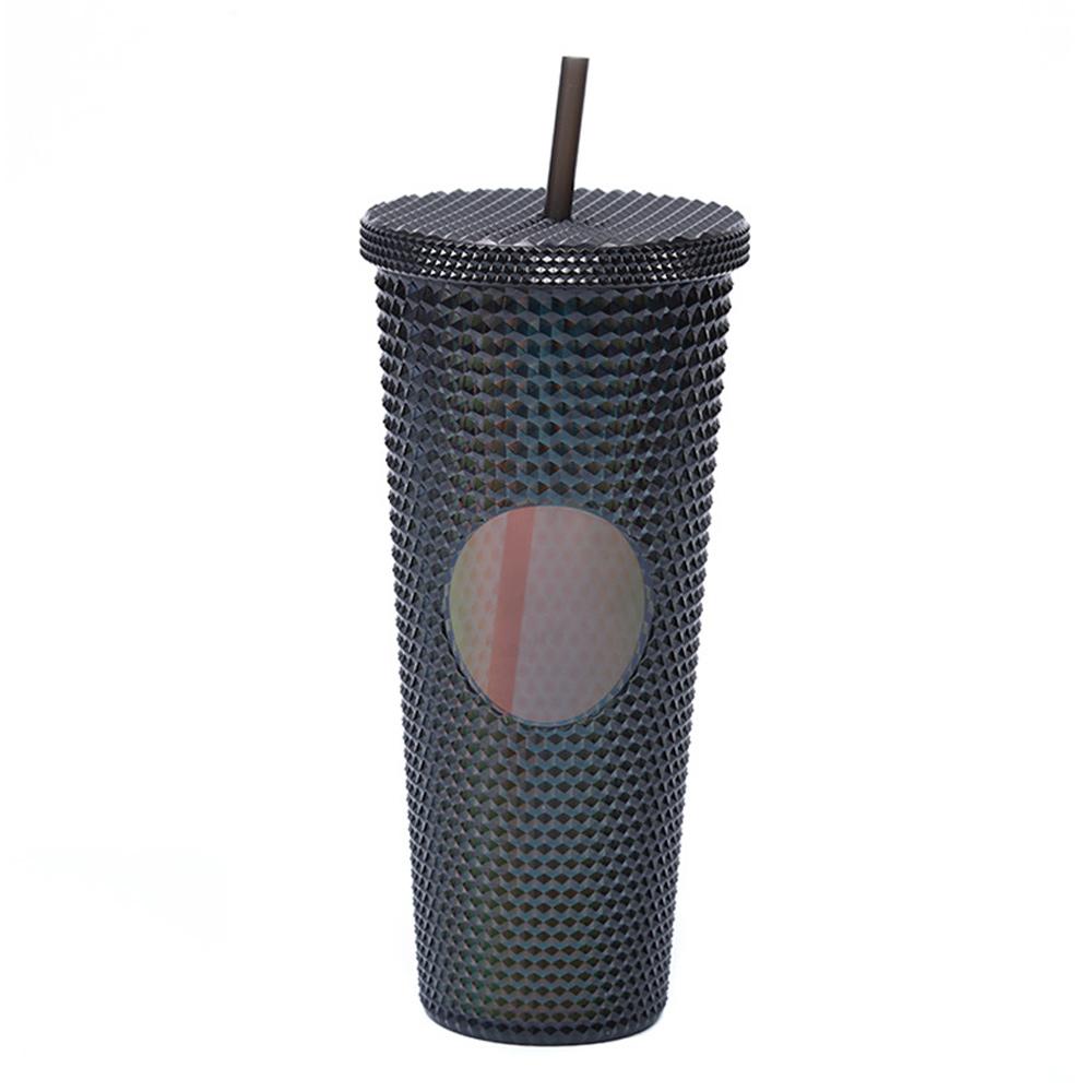 710ML/24OZ Large Capacity Water Cup Fully Studded Matte Tumbler Reusable Plastic Cup with Wide Opening Leak-Proof Lid Straw