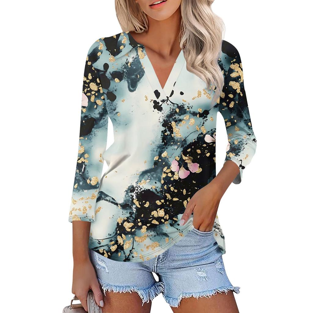 Женская мода повседневная рубашка с лацканами и рукавом 3/4 с принтом, женские топы с V-образным вырезом