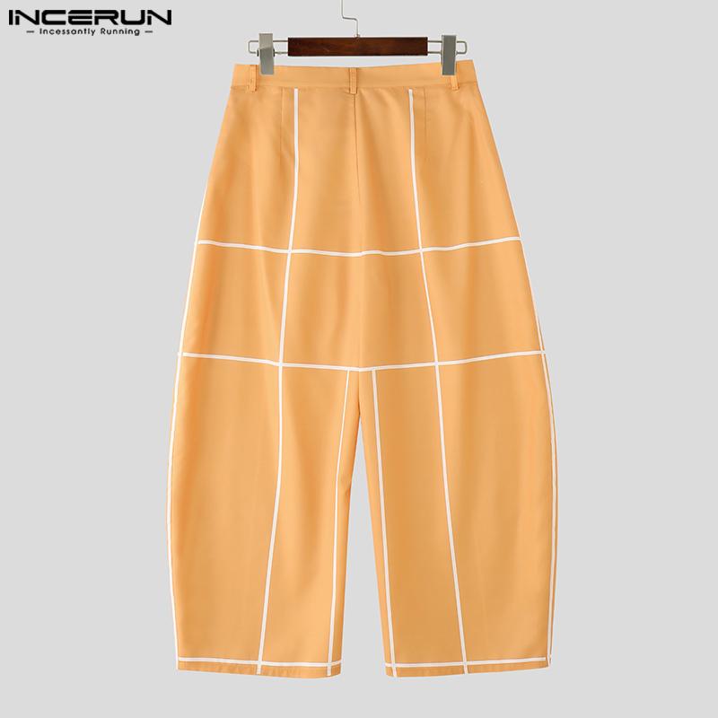 INCERUN Мужские брюки оверсайз на молнии с боковыми карманами на талии, клетчатые, повседневные, свободные, длинные