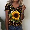 Sunflower Flower 3D Digital Printed Women's Casual and Comfortable V-neck Short Sleeved T-shirt