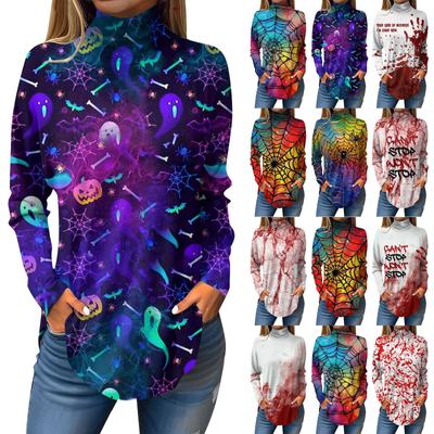 Женская свободная футболка с высоким воротом и длинными рукавами, топ-пуловер на Хэллоуин
