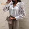 Женская рубашка с полым кружевом, дизайн с длинным рукавом и воротником с лацканами, топы, однобортная свободная однотонная рубашка