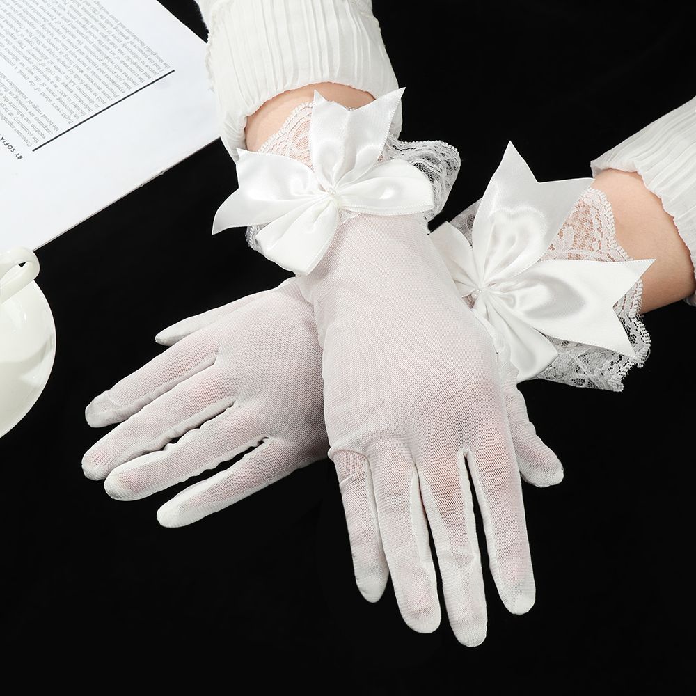 Women Chiffon Sunscreen Driving Gloves Bow Lace Gloves Bride Mittens
