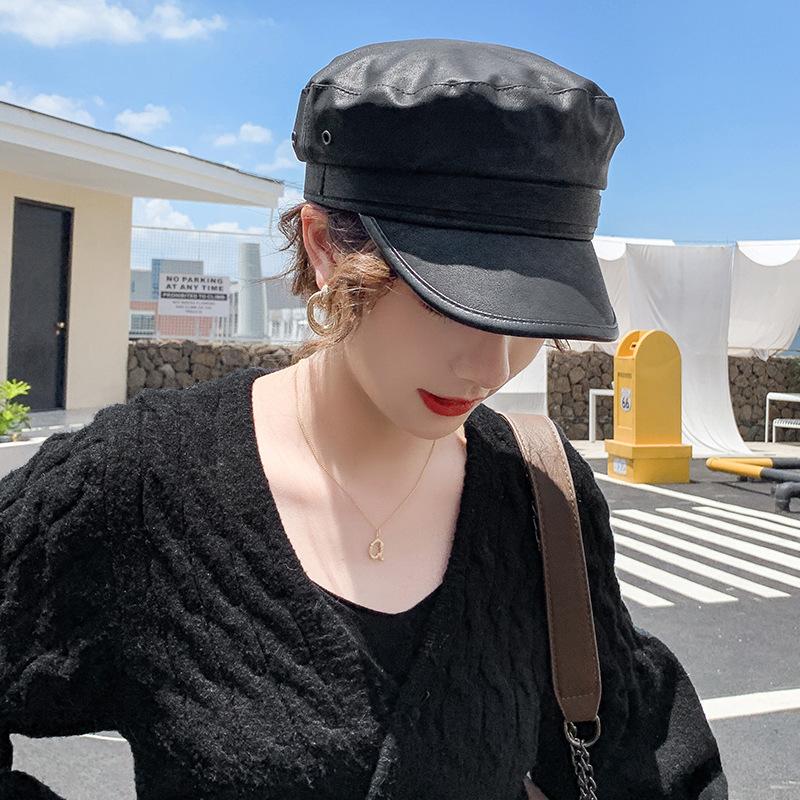 Женская осенне-зимняя модная универсальная кепка с плоским верхом, британская ретро-шляпа темно-синего цвета, черная кожаная шляпа, восьмиугольная шляпа