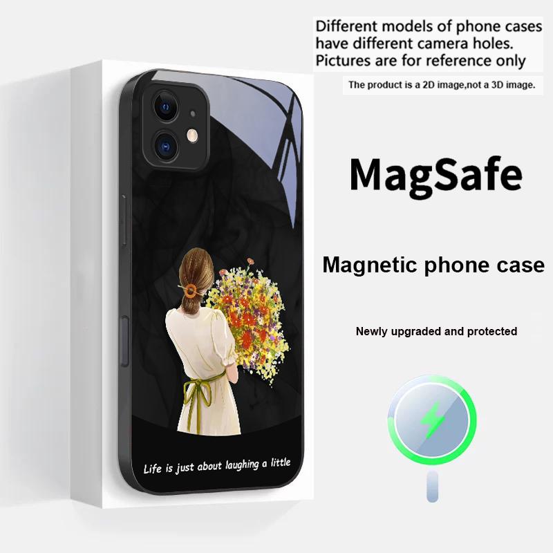 Девушка с цветами Для iPhone 17 Pro Max 16 E 15 14 13 Plus 12 mini 11 17 Air XR Xs Max 7 Plus Magsafe Стеклянный чехол для телефона