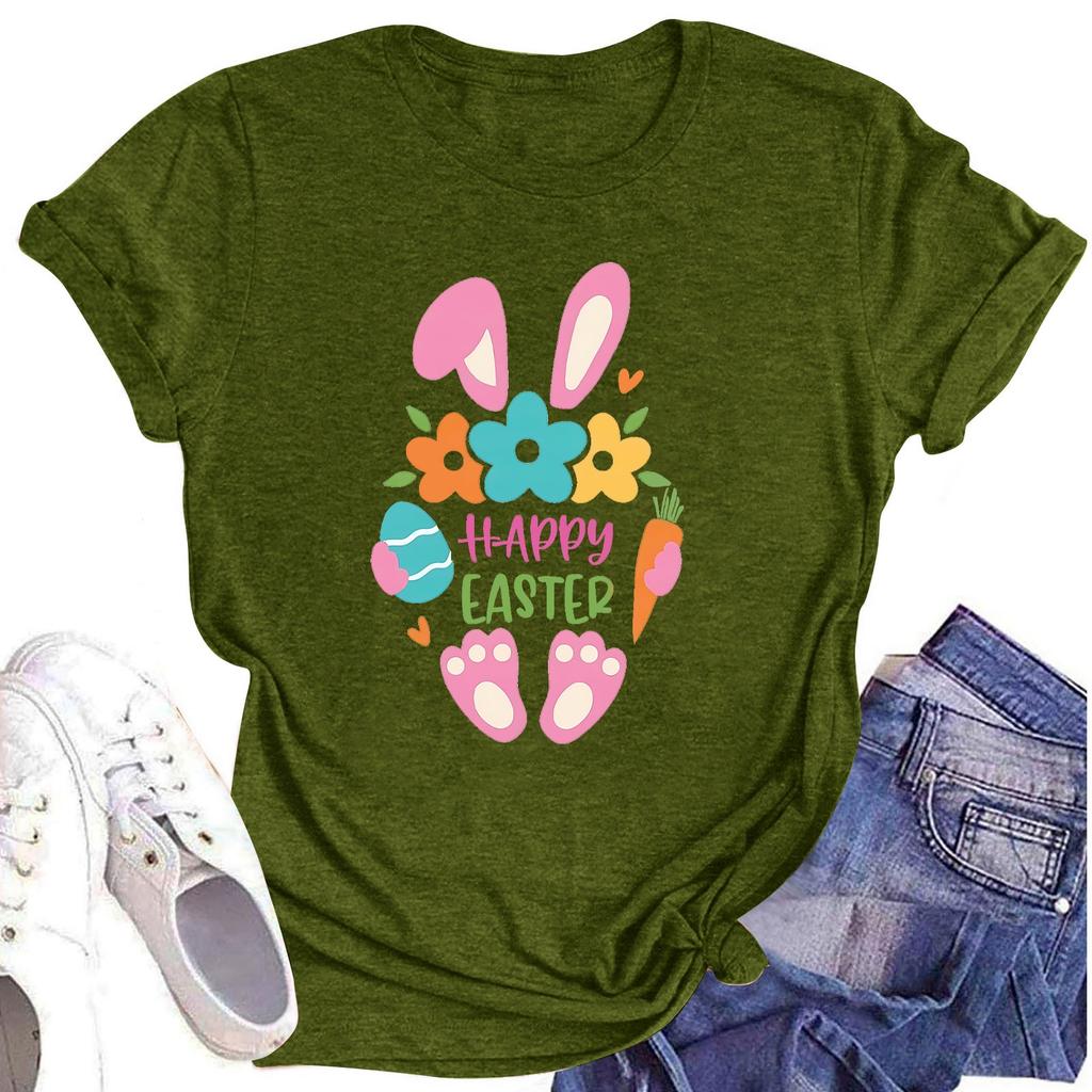 Women's Casual Short Sleeve Easter Printed Round Neck Short Sleeve T-Shirt Top