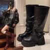 Мода Ботильоны до колена Пряжка ремня Круглый носок Толстая подошва Платформа Массивный каблук Женские ботинки Однотонные Слипоны Ин Вестерн Сексуальная обувь