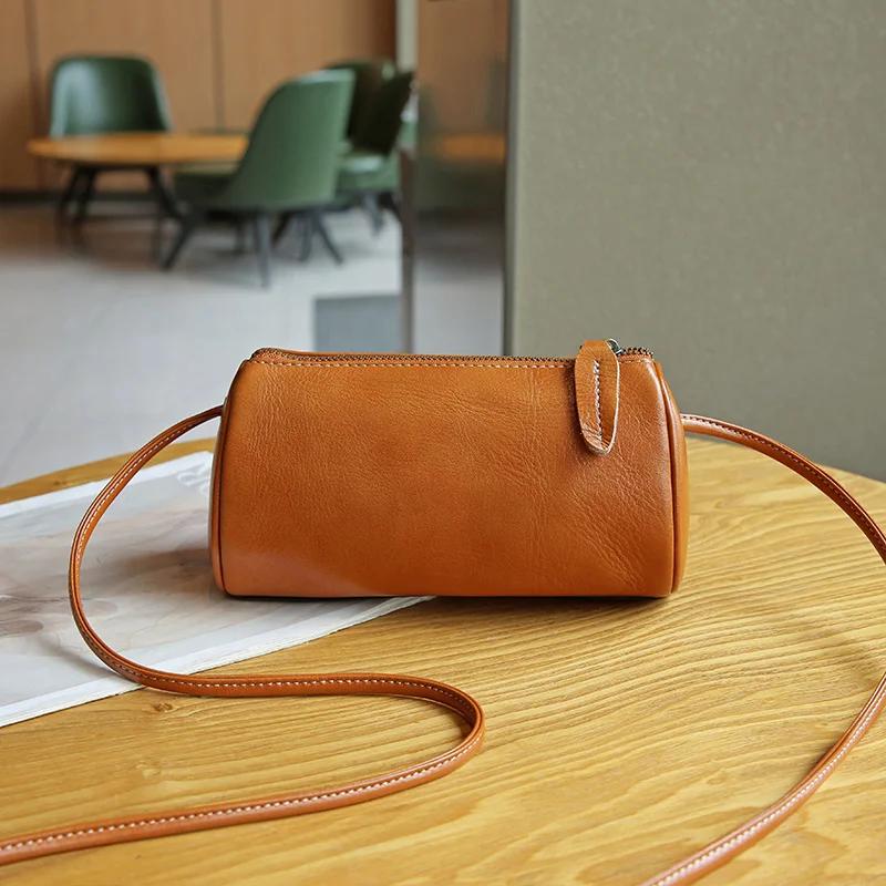 Popular Genuine Cowhide Cylinder Bags Retro Fashion Messenger Bag Women Designer Shoulder Bag