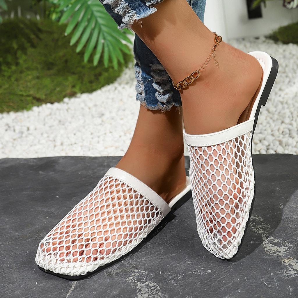 Fish Net Woven Hollow Roman Sandals for Women's Summer New Fisherman Flat Bottomed Round Toe Half Slippers